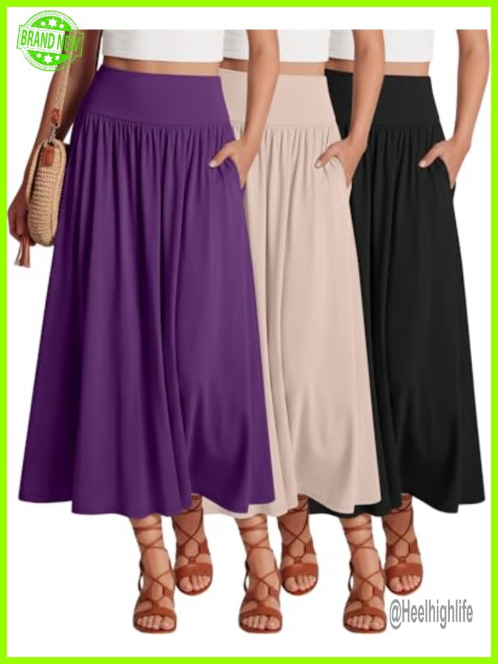 Ficerd 3 Pack Maxi Long Skirts Women's Pleated A-Line Ankle Length with Pockets